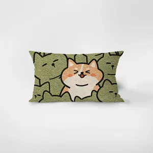 Cartoon animal print rectangular velvet throw pillow detail view, soft cushion cover for sofa.