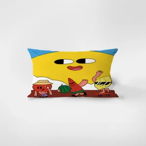 Close-up detail of quirky cartoon illustrated long throw pillow soft velvet cushion cover.