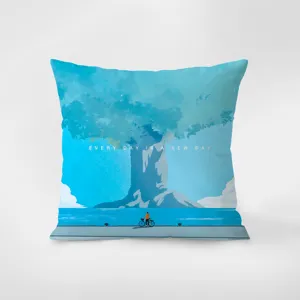 Nordic minimalist blue throw pillow with artistic tree and bicycle print for cozy home decor.