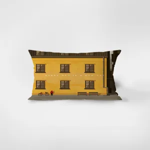 Funda de cojin rectangular amarilla estilo nordico con ilustracion urbana para salon moderno.