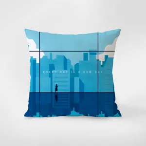 Blue Nordic style velvet throw pillow detail showing minimalist cityscape illustration design.