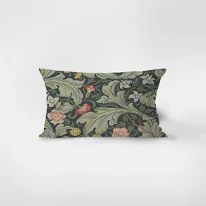 Detailed view of rectangular decorative throw pillow with vintage botanical floral pattern.