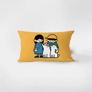 Soft velvet rectangular throw pillow cover featuring a cute cartoon dog and couple illustration.