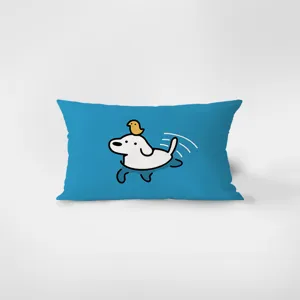 Detailed view of blue rectangular velvet throw pillow featuring cute swimming dog cartoon print.