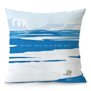 Nordic blue polar landscape velvet throw pillow detail, minimalist artistic cushion cover.