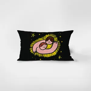 Detailed view of a soft rectangular velvet throw pillow featuring a charming artistic hug illustration.