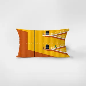 Cojín rectangular de terciopelo amarillo estilo nórdico con estampado de arte arquitectónico.