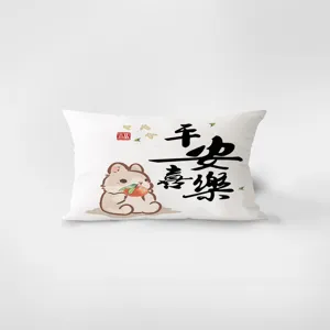 Close-up detail of the decorative rectangle cushion with Chinese calligraphy pattern.