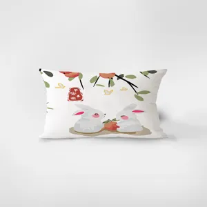 Detail shot of Chinese style rabbit print rectangular throw pillow, soft flannel fabric accent.