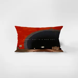 Detailed view of the rectangular velvet pillow featuring an artistic tunnel and railway print.