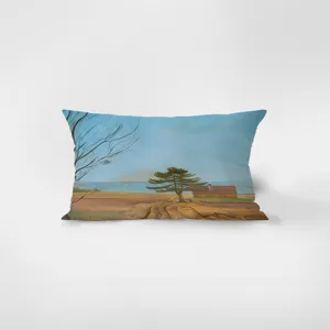 Detailed view of Nordic landscape velvet rectangular throw pillow, artistic home decor.