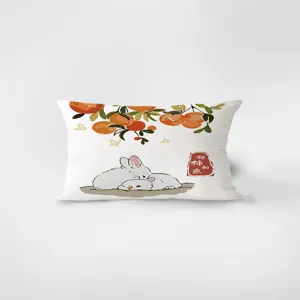 Detailed close-up view of the Chinese style rabbit and persimmon printed velvet pillow.