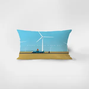 Nordic style blue rectangular throw pillow detail showing scenic wind turbine landscape.