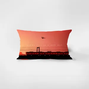 Nordic red rectangular throw pillow with sunset train silhouette art design soft velvet cushion cover