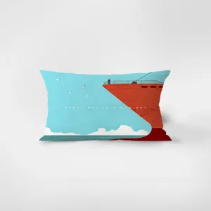 Rectangular decorative throw pillow cover with blue ocean and red ship print for sofa bed.