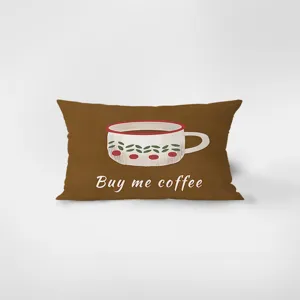 Retro brown velvet rectangular throw pillow cover with cute coffee cup graphic and text print.