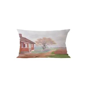Detailed view of the soft flannel rectangular throw pillow featuring a classic Norwegian landscape art print.