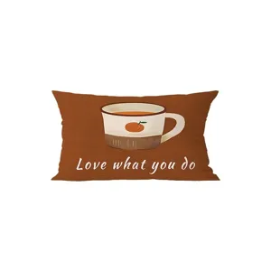Retro maillard fabric rectangular throw pillow cover with cute cup pattern for sofa living room.