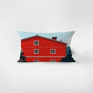 Nordic style red rectangular throw pillow with artistic house print for living room sofa.