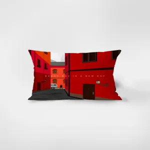 Red artistic alley illustration rectangular throw pillow cover with motivational text.