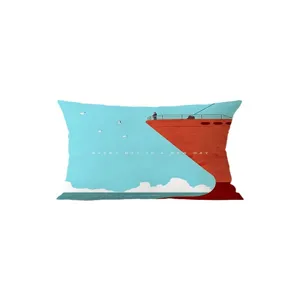 Nordic blue rectangular throw pillow cover soft velvet waist cushion with ship print art