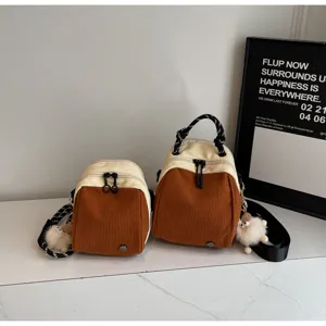 Mini sac à dos bandoulière en velours côtelé minimaliste avec peluche, sac décontracté tendance.