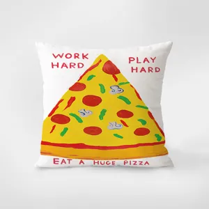 Funny throw pillow with creative pizza graphic print, soft flannel material for sofa decor.