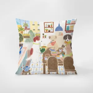 Charming fairy-tale dog illustration throw pillow detail, cozy home decor cushion for sofa.