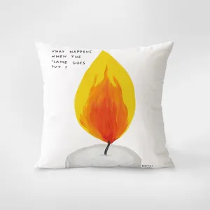 Decorative throw pillow with artistic candle illustration and text print for living room sofa use.