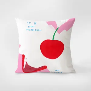 Close up view of the artistic cherry and red lips print throw pillow fabric and modern pattern.