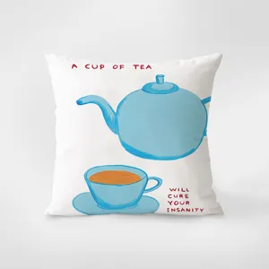 Aesthetic decorative throw pillow featuring cute blue teapot and tea cup art design.