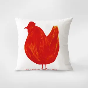 Decorative throw pillow with funny red chicken art design, soft velvet cushion cover for sofa.