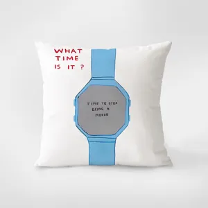 Decorative throw pillow detail with creative watch print and soft white fabric material.