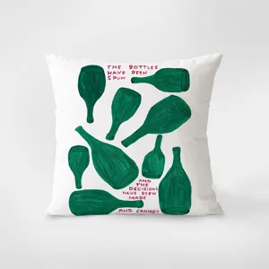 Decorative throw pillow featuring artistic green bottles and quote print for sofa bed.