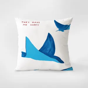 Artistic blue whale printed white throw pillow detail, minimalist aesthetic sofa cushion cover