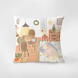 Nordic cozy fairy tale style throw pillow cover, cute hand-drawn room illustration, soft cushion