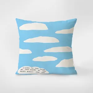 Blue cloud print pillow detail, Nordic aesthetic throw cushion cover for living room sofa and bed.