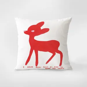 Detailed view of the red deer print cushion, soft velvet fabric, cozy home decor sofa pillow.