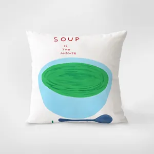 Cute decorative throw pillow with soup bowl print and text for cozy living room bedroom sofa.