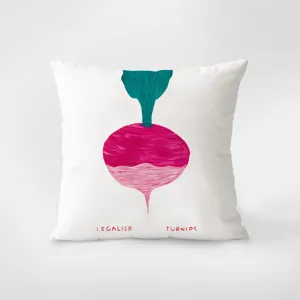 Creative artistic throw pillow with pink turnip design for cozy living room sofa decor.