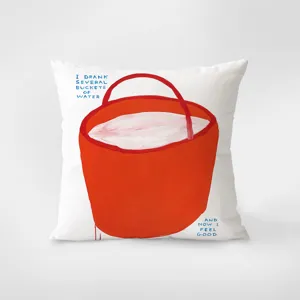 Decorative throw pillow with funny red bucket illustration and quote, cozy velvet cushion case.