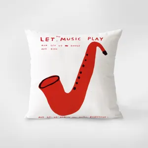 Decorative throw pillow with artistic saxophone print and english text for cozy home room decor.
