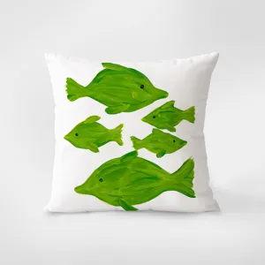 Close-up detail of the green fish printed oil painting style throw pillow fabric.