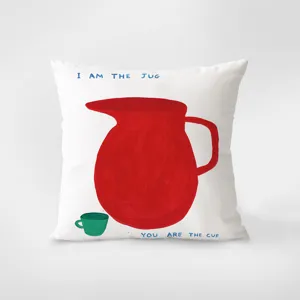 Decorative throw pillow with artistic jug and cup print, modern living room cushion.
