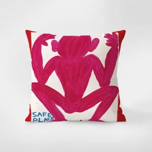 Modern decorative throw pillow with artistic pink monkey print and text accent for cozy sofa.