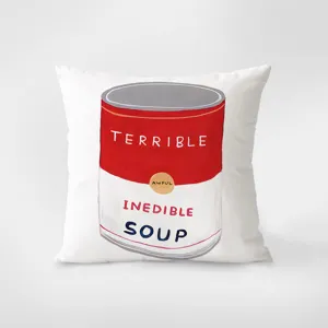Funny decorative throw pillow with pop art soup can print, soft velvet cushion cover for sofa.
