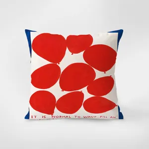 Decorative velvet throw pillow with artistic red balloons pattern and quirky English text.
