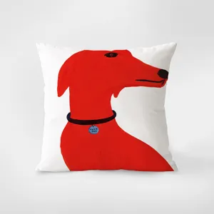 Creative decorative throw pillow with modern red dog art illustration for living room sofa.