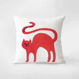 Minimalist red cat throw pillow with artistic illustration design for cozy living room sofa decor.