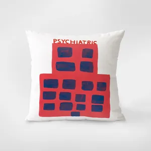 Creative graphic throw pillow with red building print and text, cozy home sofa cushion cover.